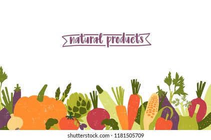 Horizontal banner template decorated with various vegetables at bottom edge on white background. Natural fresh organic food, vegan and vegetarian products. Colorful modern flat vector illustration.