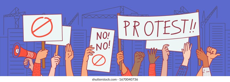 Horizontal banner template with demonstrators hands holding posters or placards cartoon sketch vector illustration on blue background. May demonstrations and strikes.