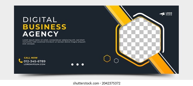 Diseño horizontal de la plantilla de pancarta con forma y lugar amarillos para la foto. Se puede usar para banner, portada, cabecera y fondo.