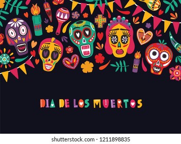 Horizontal banner template with Dia De Los Muertos inscription decorated with flag garlands, colorful Mexican calaveras or skulls, candles. Holiday vector illustration for Day of The Dead postcard.