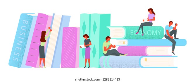 Horizontal Banner template for dictionary, library of encyclopedia or web archive. Abstract people characters Reading books and learning. Vector illustration eps