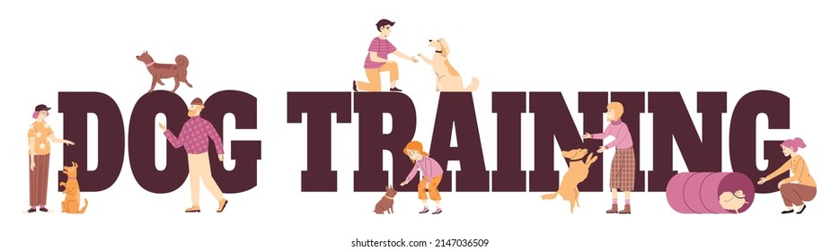 Plantilla de banner horizontal con texto de entrenamiento de perro estilo plano, ilustración vectorial aislada en fondo blanco. Los dueños de perros enseñan a las mascotas a hacer órdenes, actividades con animales