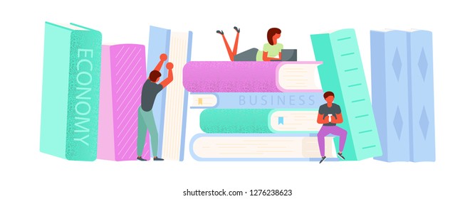 Horizontal Banner template for e-library. Oversize stack of books and tiny people characters online distance studying and education concept. Vector illustration eps