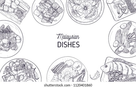 Horizontal banner template with frame made of tasty meals of Malaysian cuisine or spicy Asian dishes hand drawn with contour lines on white background. Monochrome realistic vector illustration. svg
