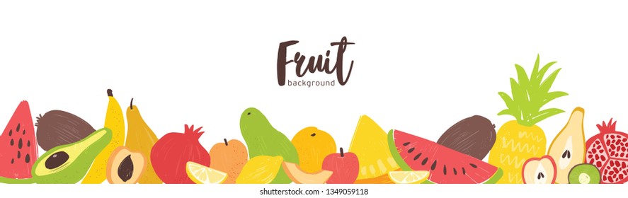 Horizontal banner template with fresh organic summer exotic tropical juicy fruits at bottom border on white background. Decorative vector illustration in flat style for advertisement, promotion.