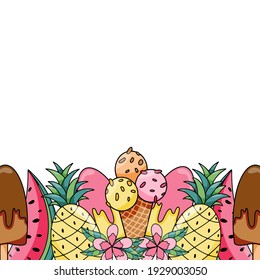 Horizontal banner template with fresh organic summer exotic tropical juicy fruits at bottom border on white background