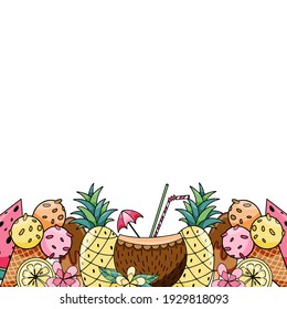 Horizontal banner template with fresh organic summer exotic tropical juicy fruits at bottom border on white background