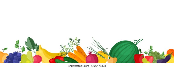 Horizontal banner template with fresh ripe locally grown fruits and vegetables at bottom edge. Vector illustration for grocery store promotion, advertisement of healthy organic veggie products.