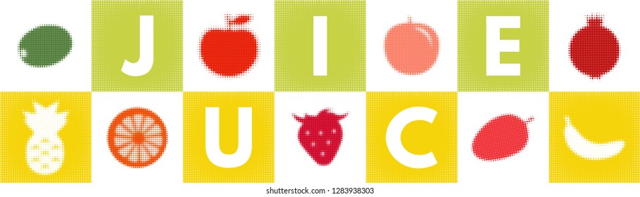 Horizontal banner template with halftone fruits  and letters. Signboard juice. Fresh fruits. Useful for banners, poster, magazine ad, web design. Vector illustration