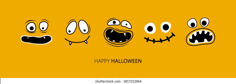 Plantilla horizontal de banner para Halloween. Caras espeluznantes y graciosas sonrientes de Halloween con mandíbulas, dientes y bocas abiertas. Personaje de caricatura dibujado a mano Ghost, monstruo, Jack Skellington. Lugar para el texto