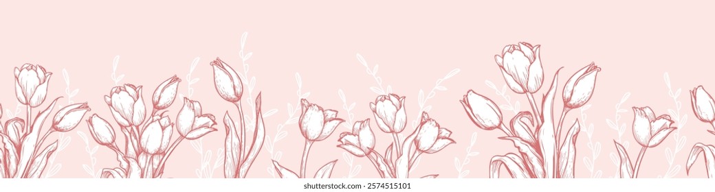 Horizontal banner template with hand drawn sketch style tulips on pink. Springtime holidays background. Vector illustrations.