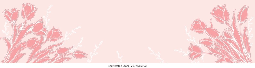 Horizontal banner template with hand drawn sketch style tulips on pink. Springtime holidays background. Vector illustrations.