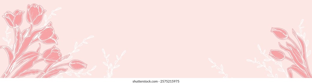 Horizontal banner template with hand drawn sketch style tulips on pink. Springtime holidays background. Vector illustrations.