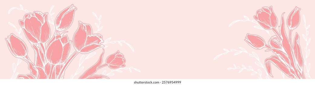Horizontal banner template with hand drawn sketch style tulips on pink. Springtime holidays background. Vector illustrations.