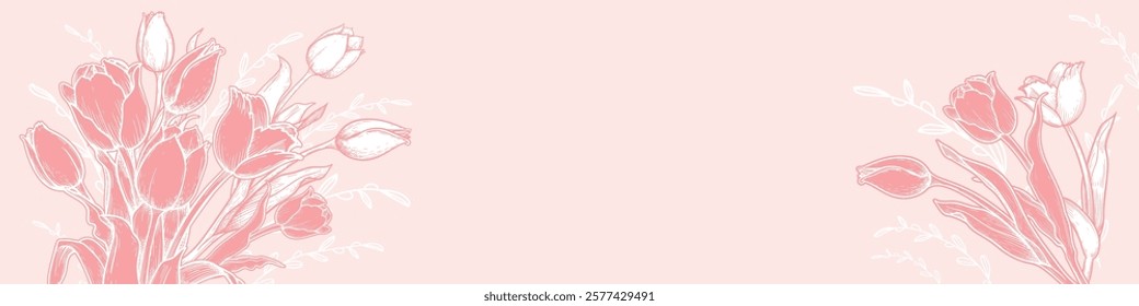 Horizontal banner template with hand drawn sketch style tulips on pink. Springtime holidays background. Vector illustrations.