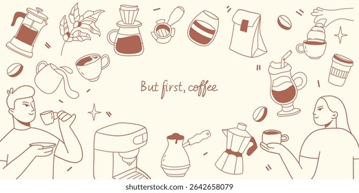 Horizontal banner, a template with hand-drawn coffee doodles