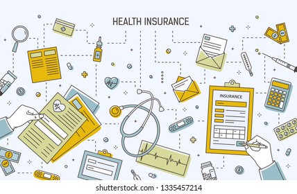 Horizontal banner template with hands filling out health insurance application form surrounded by medicines, medical tools, documents, money bills and coins. Vector illustration in line art style.