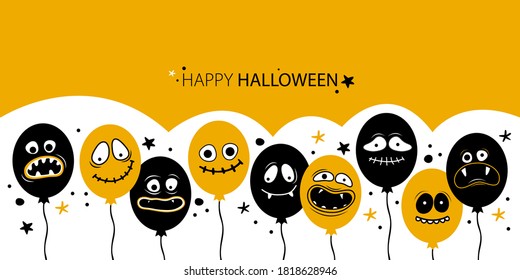 Horizontal banner template for happy Halloween. Balloons with creepy faces, jaws, teeth and open mouths. Cartoon character Ghost, monster, Jack Skellington. Place for text. Hand drawn illustration