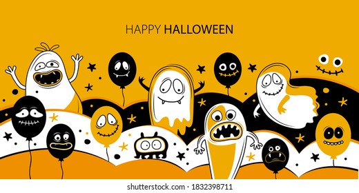 Horizontal banner template for happy Halloween. Balloons with creepy faces, jaws, teeth and open mouths. Cartoon character Ghost, monster, Jack Skellington. Place for text. Festive vector illustration