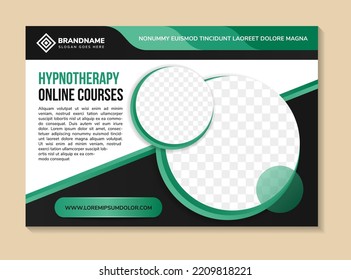 Horizontal banner template for hypnotherapy online courses. Editable modern flyer with multicolored green circle shape and place for the photo. Usable for social media cover, header, and report.