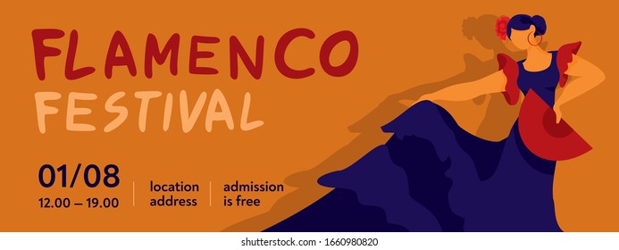 Horizontal banner template, invitations for the flamenco festival. A dancer in a blue dress with a red fan. Concept of traditional culture of Spain for tourist guides, promo. flat vector illustration.