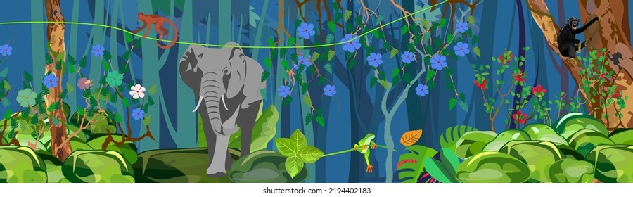 Horizontal banner template jungle wildlife scene, elephant  birds