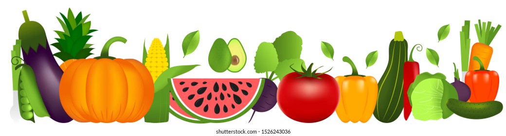 Horizontal banner template for local market with set of realistic healthy vegetables  such as: carrot, tomato, pepper, pumpkin. vector banner about diet, eco food