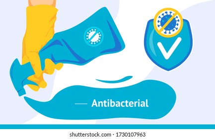 Horizontal banner template. A man in latex yellow gloves holds a bottle of antiseptic spray to protect against coronavirus. 