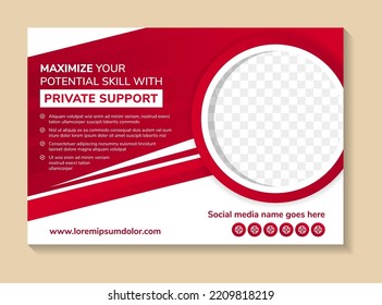 Horizontal banner template for maximize your potensial skill with private support. Editable modern flyer with red gradient circle shape and place for the photo collage. Usable for social media cover