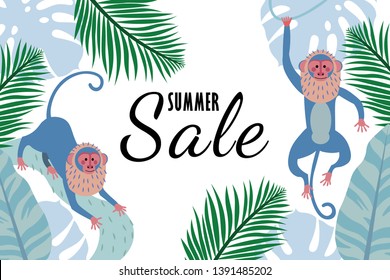Horizontal banner template with monkeys in tropical jungle. Childish cartoon illustration template. Summer seasonal vector  in flat style for sale promotion, web banner or advertisement