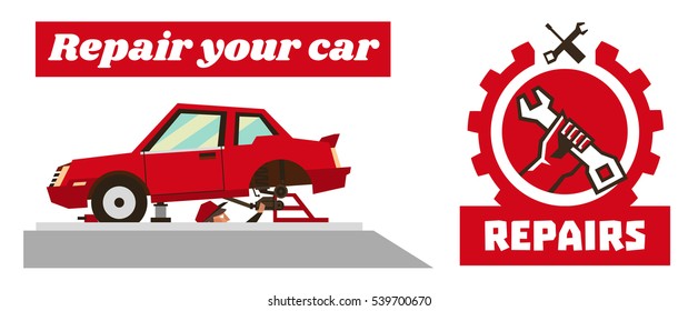 Horizontal banner template on car repairs. Repair logo, hand holding a wrench. Disassembled car red. Auto mechanic removes reducer. Inspection pit. Vector illustration. Flat style 