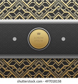 Horizontal banner template on golden metallic background with seamless geometric pattern. Elegant luxury style.