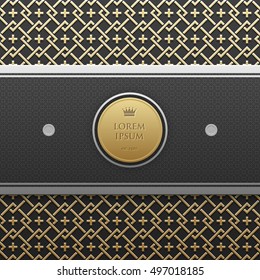 Horizontal banner template on golden metallic background with seamless geometric pattern. Elegant luxury style.