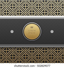 Horizontal banner template on golden metallic background with seamless geometric pattern. Elegant luxury style.