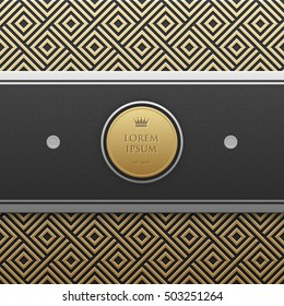 Horizontal banner template on golden metallic background with seamless geometric pattern. Elegant luxury style.