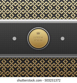 Horizontal banner template on golden metallic background with seamless geometric pattern. Elegant luxury style.