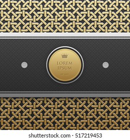 Horizontal banner template on golden metallic background with seamless geometric pattern. Elegant luxury style.