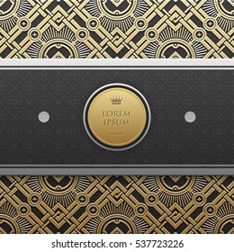 Horizontal banner template on golden metallic background with seamless geometric pattern. Elegant luxury style.