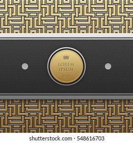 Horizontal banner template on golden metallic background with seamless geometric pattern. Elegant luxury style.