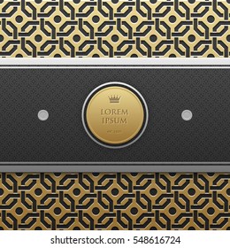 Horizontal banner template on golden metallic background with seamless geometric pattern. Elegant luxury style.