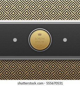 Horizontal banner template on golden metallic background with seamless geometric pattern. Elegant luxury style.