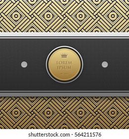 Horizontal banner template on golden metallic background with seamless geometric pattern. Elegant luxury style.