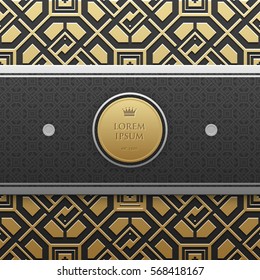 Horizontal banner template on golden metallic background with seamless geometric pattern. Elegant luxury style.