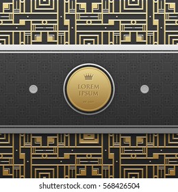 Horizontal banner template on golden metallic background with seamless geometric pattern. Elegant luxury style.
