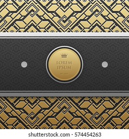 Horizontal banner template on golden metallic background with seamless geometric pattern. Elegant luxury style.
