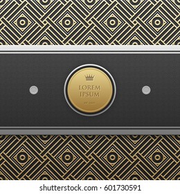 Horizontal banner template on golden metallic background with seamless geometric pattern. Elegant luxury style.