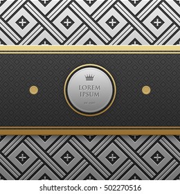 Horizontal banner template on silver/platinum metallic background with seamless geometric pattern. Elegant luxury style.