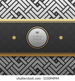 Horizontal banner template on silver/platinum metallic background with seamless geometric pattern. Elegant luxury style.
