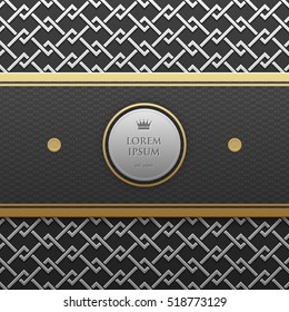 Horizontal banner template on silver/platinum metallic background with seamless geometric pattern. Elegant luxury style.