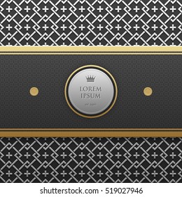 Horizontal banner template on silver/platinum metallic background with seamless geometric pattern. Elegant luxury style.